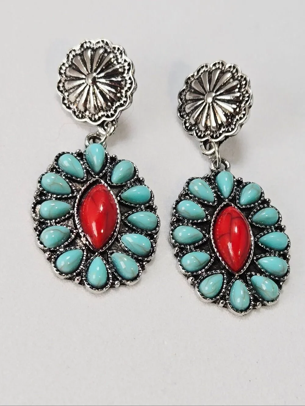 Turquoise Flower Earrings Western Cowgirl Dangle Jewelry Boho Squash Blossom